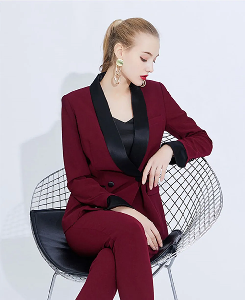 

BUrgundy PantSuits for Women Slim Fit Jacket =Pants Women Suits Women Tailored Peak Collar Jacket Suits Female Ladies