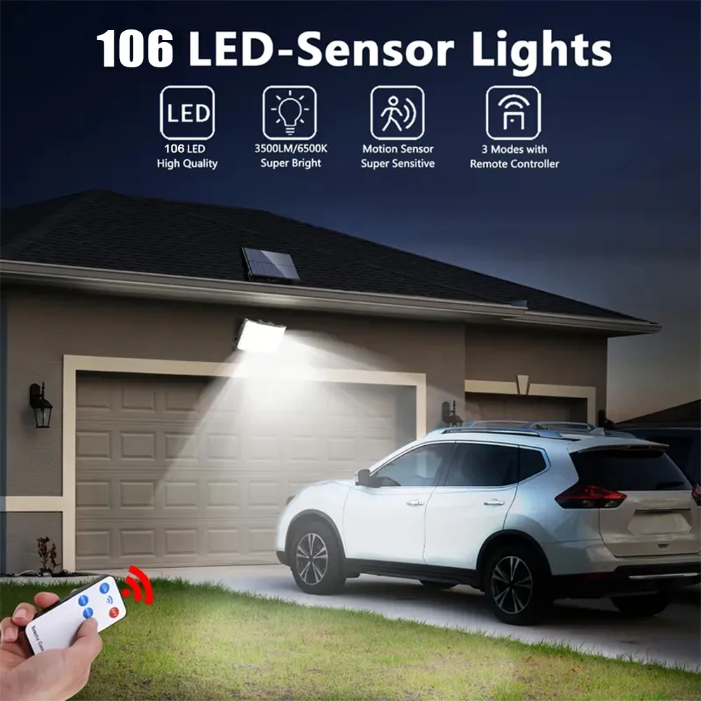 Solar Light Outdoor Waterproof 106 LEDS with Motion Sensor Floodlight Remote Con