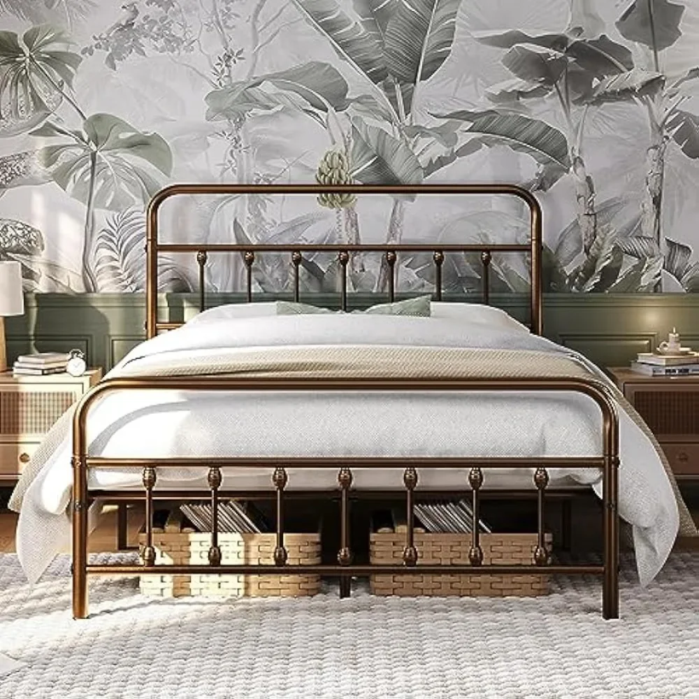 Classic Metal Platform Bed Frame Mattress Foundation with Victorian Style Iron-Art Headboard/Footboard/Under Bed Stora