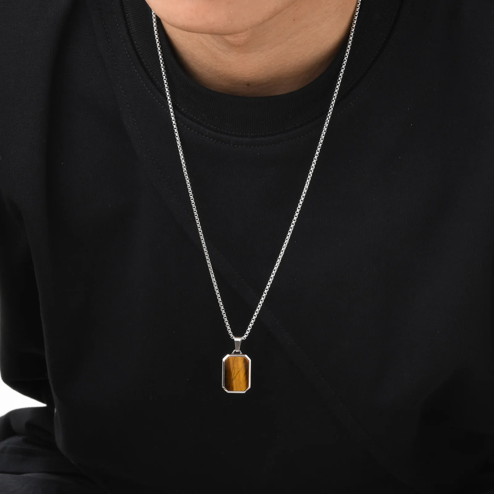 Stylish Geometric Square Necklaces for Men Boys,Blue Enamel Tiger Eye Stone Rectangle Pendant with Box Chain Collar,Male Jwelry