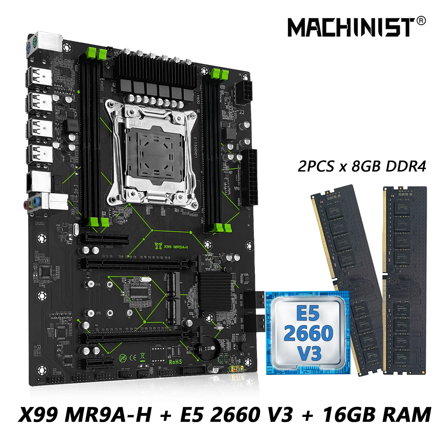 MR9A-H MACHINIST 마더 보드 콤보, RAM 메모리 키트, ATX 세트, 인텔 LGA 2011-3 제온 E5 2660 V3 CPU DDR4, 16GB (2*8GB), X99 