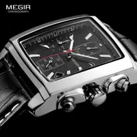 Megir cadran rectangulaire bracelet en cuir Montre pour hommes décontracté bleu chronographe montres à Quartz homme Montre-bracelet Montre Reloj Часы М � 2