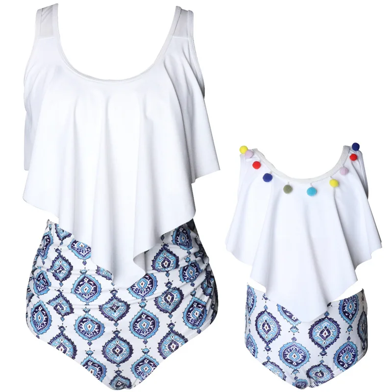 2024 Mother Daughter Matching Swimsuits Ruffled Family Set Leaf Mommy and Me Swimwear Fashion Women Girls Bikini Dresses Clothes 6