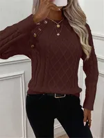 Autumn Winter Knitted Sweater round Neck Long Sleeve Turtleneck Knitwear Button Design Shoulder Insertion Twist Flower Pattern 3