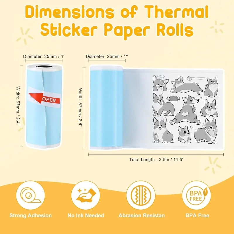 Mini Printer Paper,Thermal Pocket Printer Rolls,57X25mm Inkless Self-Adhesive Printable Sticker for Portable Thermal Printers