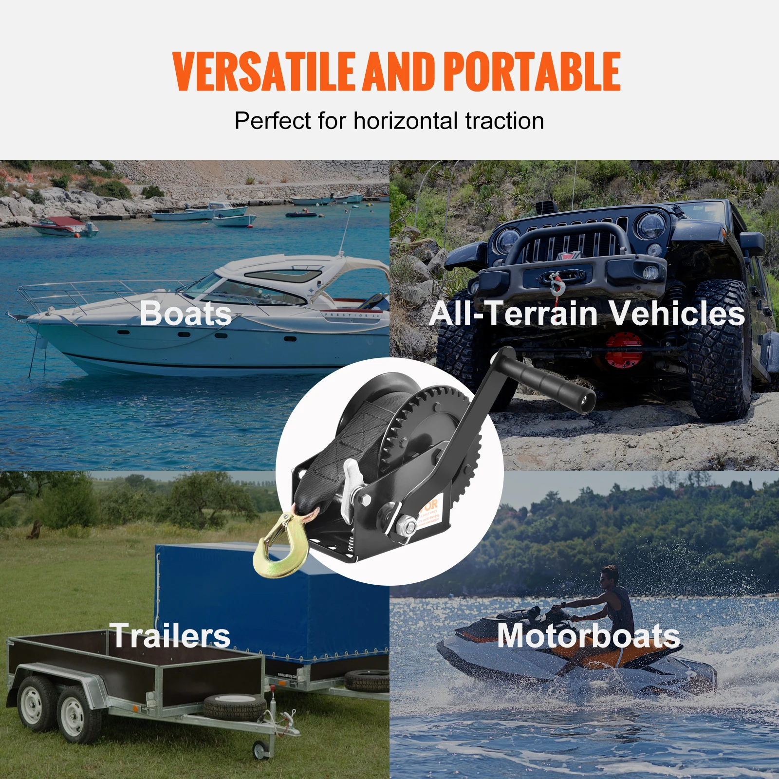 Manual Winch VEVOR Hand Winch Boat Trailer Winch Heavy Duty Rope Crank w/ 23ft Polyester Strap & Two-Way Ratchet Manual Operated Crank Winch