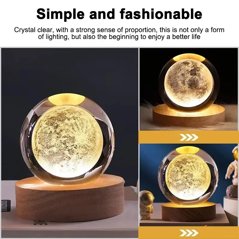 3D Galaxy Crystal Ball USB Moon LED Night Lights Wooden Base Glass Sphere Lamp Christmas Decorations Home Ornament Birthday Gift