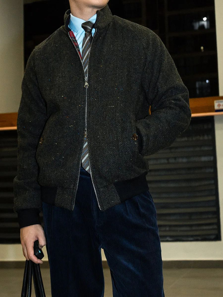 Men's Vintage G9 Harrington Jacket Winter Colored Dotted Wool Tweed Standing Collar Coat