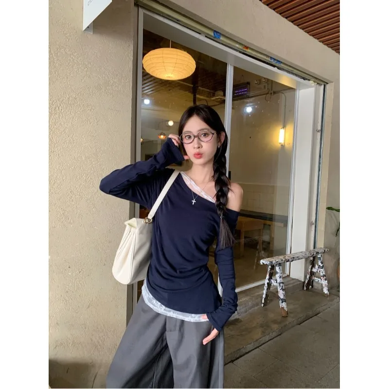 Lace Patchwork Long Sleeve Slim Fit T Shirt for Women