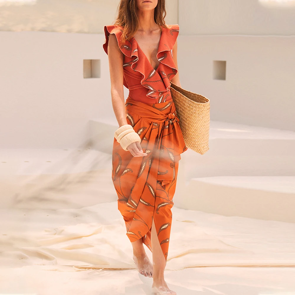 Ruffled Printed One-piece Swimsuit 2024 Women New Orange Deep V-neck Tie up Bikini Summer Seaside Fashion Beach Bathing Suit