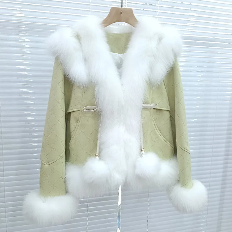 

Women Winter Warm Thick Down Coat With Real Fox Fur Casual Loose Long Sleeve Genuine Fox Fur Coat Female Warm Jacket Outwear