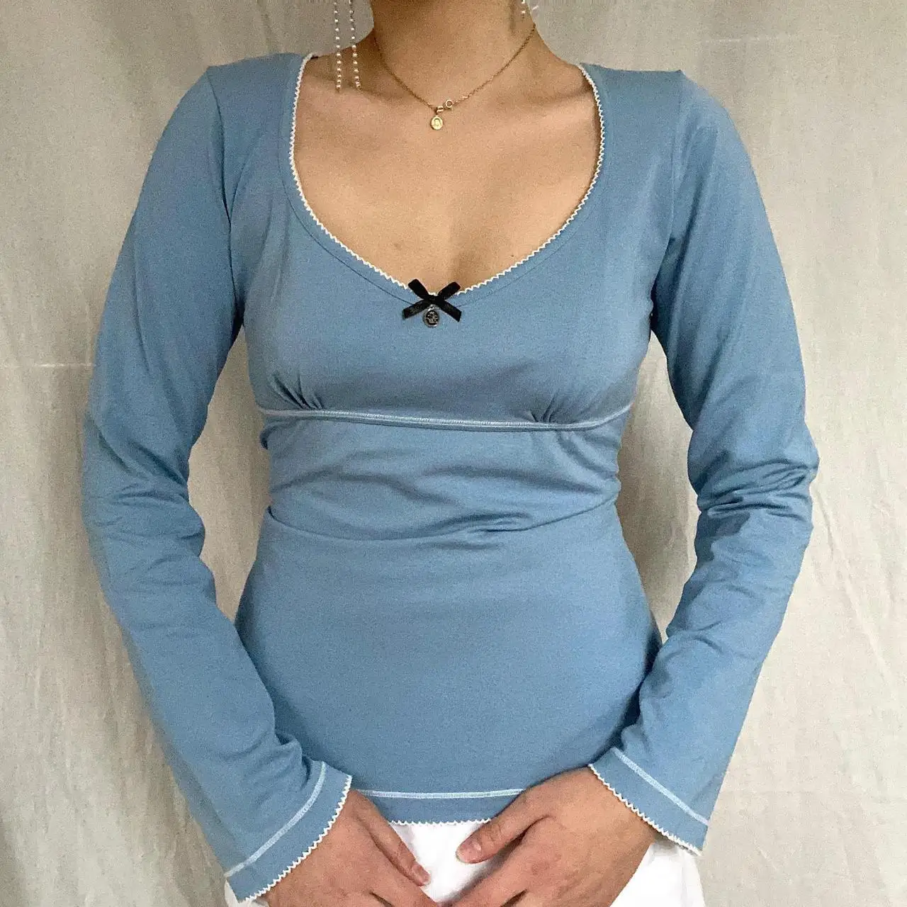 

New Womens Spring Autumn Slim Tops Blue Long Sleeve Low Cut T-Shirt With Bowknot Decor Casual Everyday Wear Skin Friendly S M L