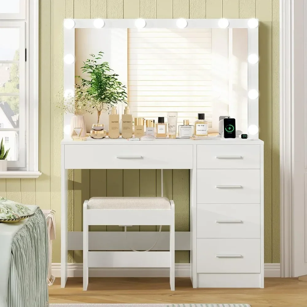 Vanity Desk Power Outlet Drawers Large Mirror Dressing Table Stool