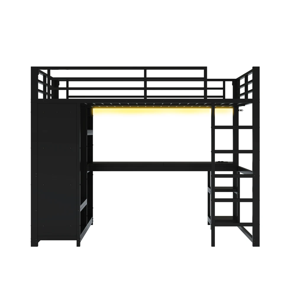 Metall-Gaming-Hochbett mit LED und Schreibtisch Modernes Kinder-Etagenbett mit Offenem Kleiderschrank Aufbewahrungsboxen Schwarz Ideal für Kinderschlaf und -spiel – Detail 7