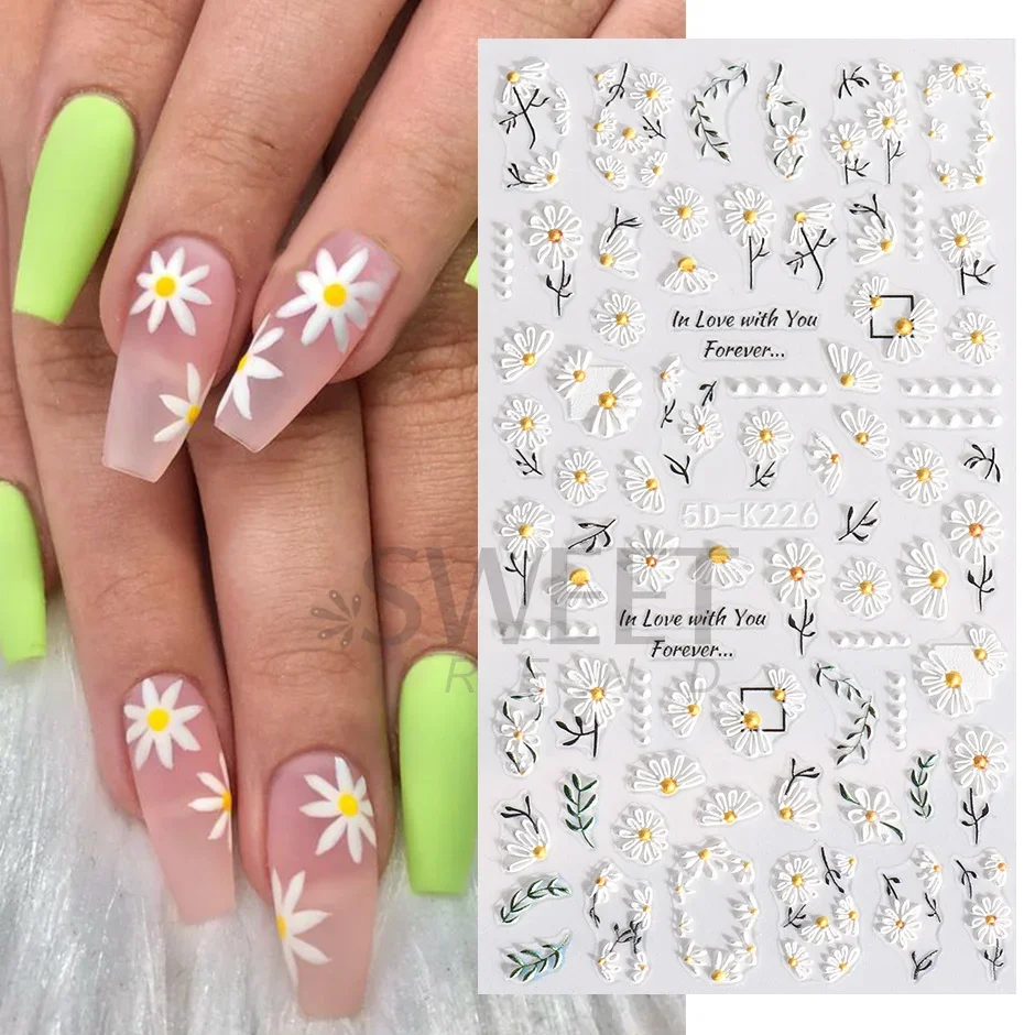 Nail Stickers Nail Art Decoration Nail Decals Flower Stickers 5D Embossed Violet Iris Flower Nail Sticker Purple Floral Sliders Sunflower Daisy Design For Nail Art Manicure Decoration SA5D-K