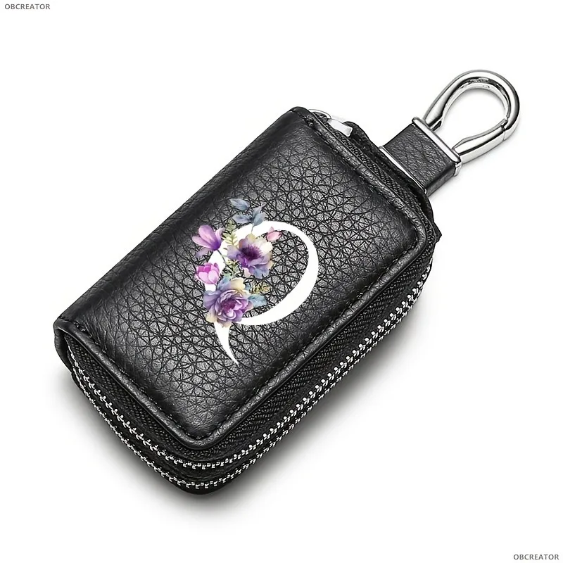 Doppellagige Schlüsseltasche mit weißen Blumen und 26 Buchstaben, neues Produkt für Herren, praktische Schlüsselaufbewahrungstasche aus PU, geeignet für Schlüssel. – Detail 12