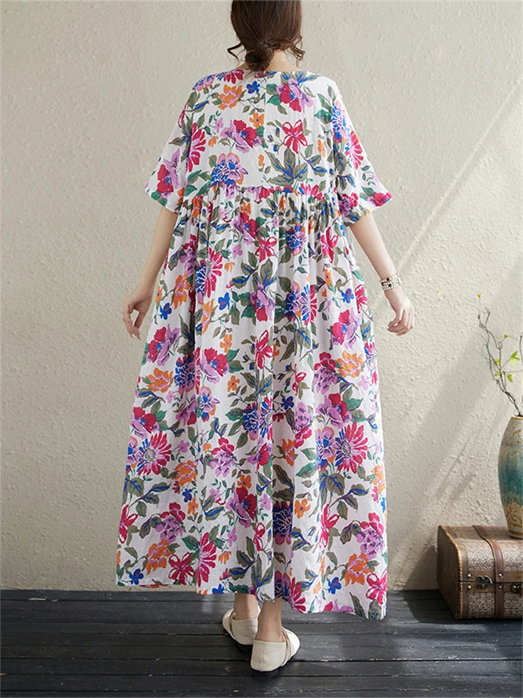 2025 Summer Cotton Vintage Casual Loose Print Dresses For Women Holiday Beach Dress Femme Robe Vestidos Elegant Long Clothing