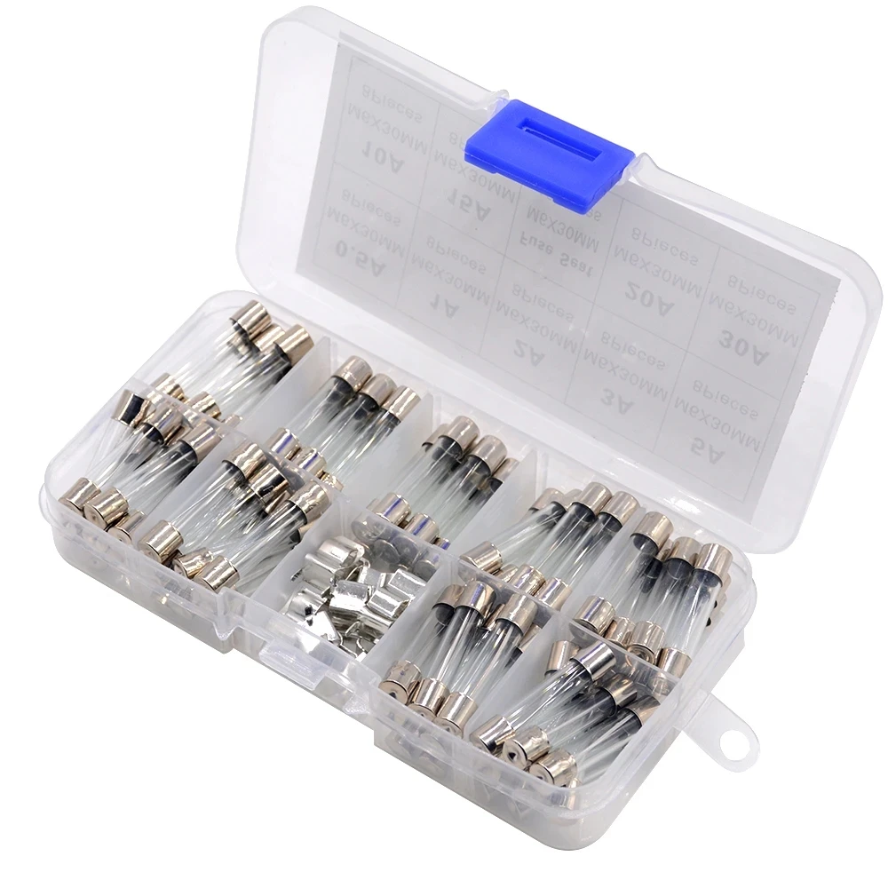 Fusíveis de vidro de sopro rápido Assorted Kit, Fusíveis de tubo AMP, 250V, 0.5A, 1A, 2A, 3A, 5A, 10A, 15A, 20A, 30A, 6x30mm, 6x30mm, 72 PCes por lote