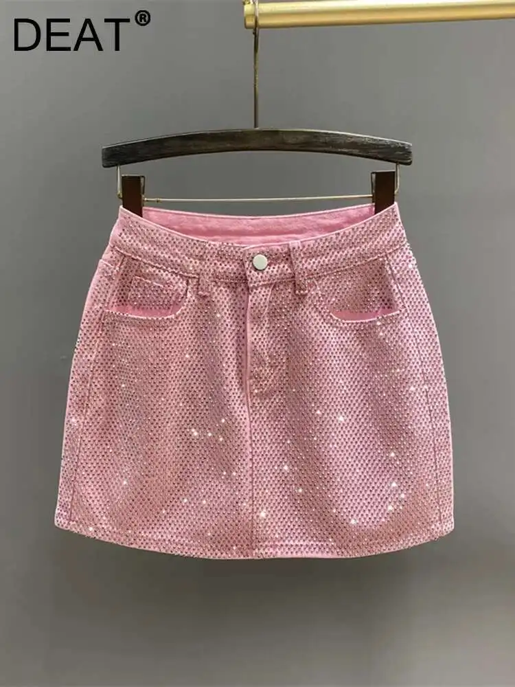 【threetimes】25HS★ (S,M,L) Pink Crush Denim Skirt DEAT Women Denim Skirt Full Diamond Slim High Waist Black A