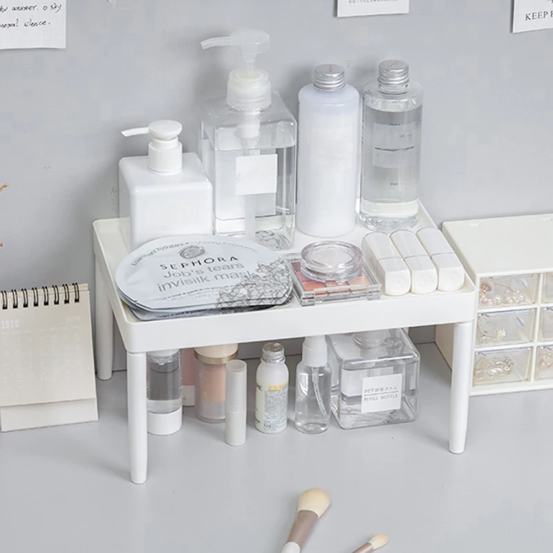 Wielofunkcyjne półki z podwójną do przechowywania z warstwową konstrukcją półką na biurko plastikowe półki na Organizer do suszenia prania kosmetyczne