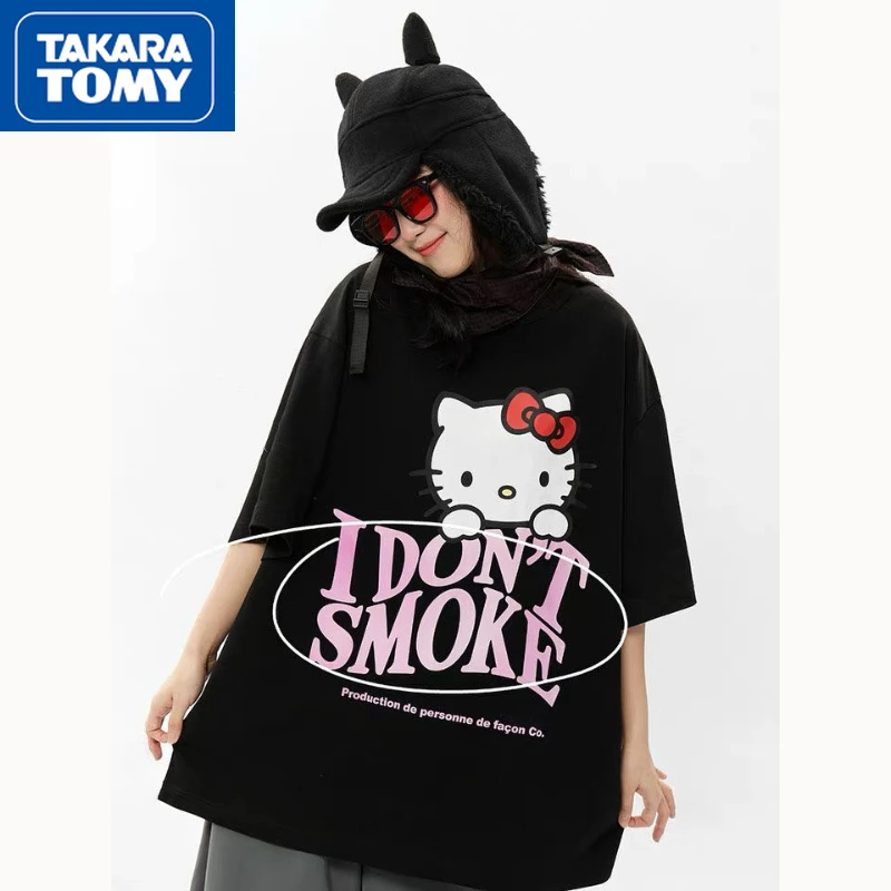 

Летняя хлопковая Футболка TAKARA TOMY Hello Kitty с мультяшным принтом, парная футболка с коротким рукавом, студенческий дышащий топ с круглым вырезом