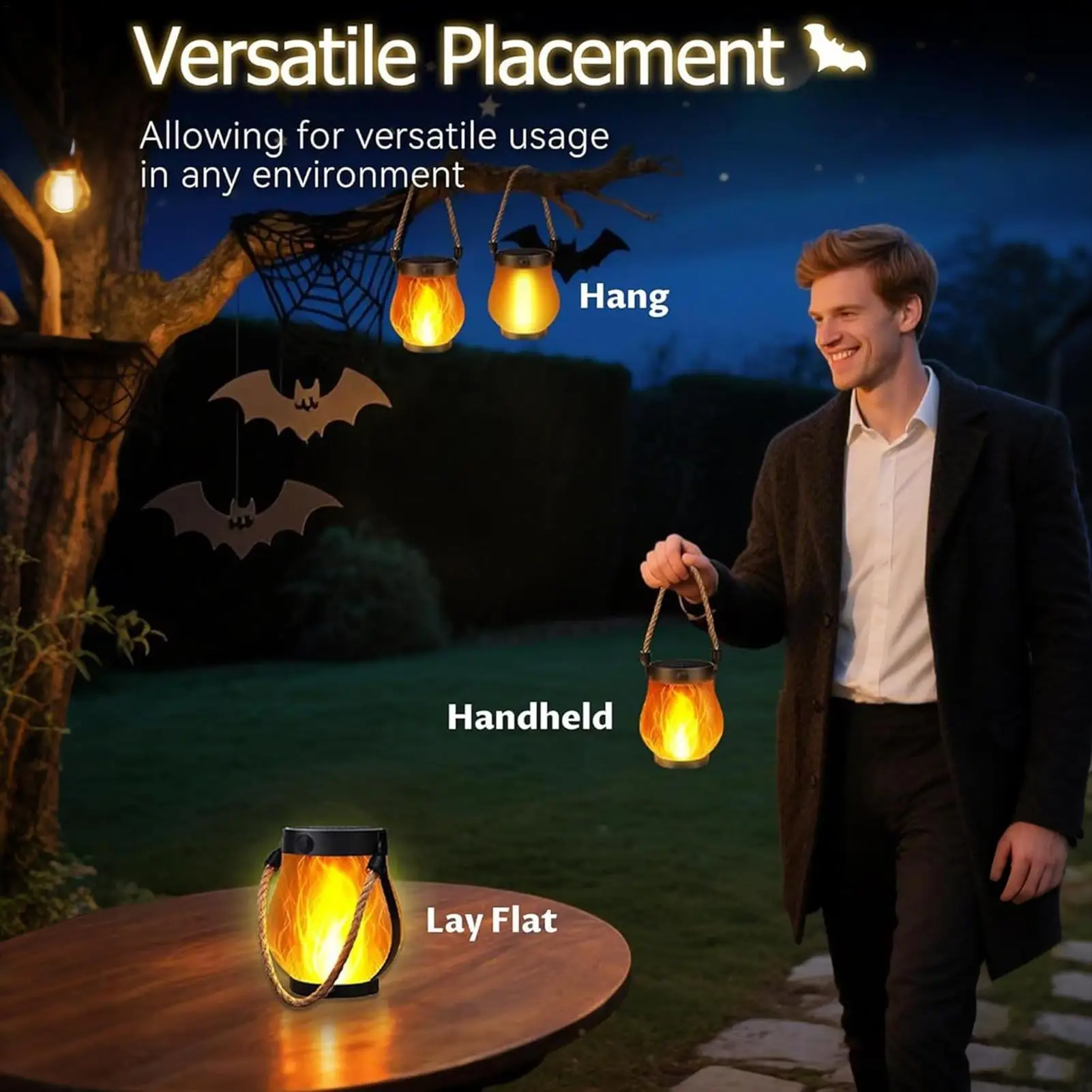 Flickering Solar Lantern with Dancing Flames USB Charging Garden Lights for Haunted House Garden Decoration 2025 Halloween