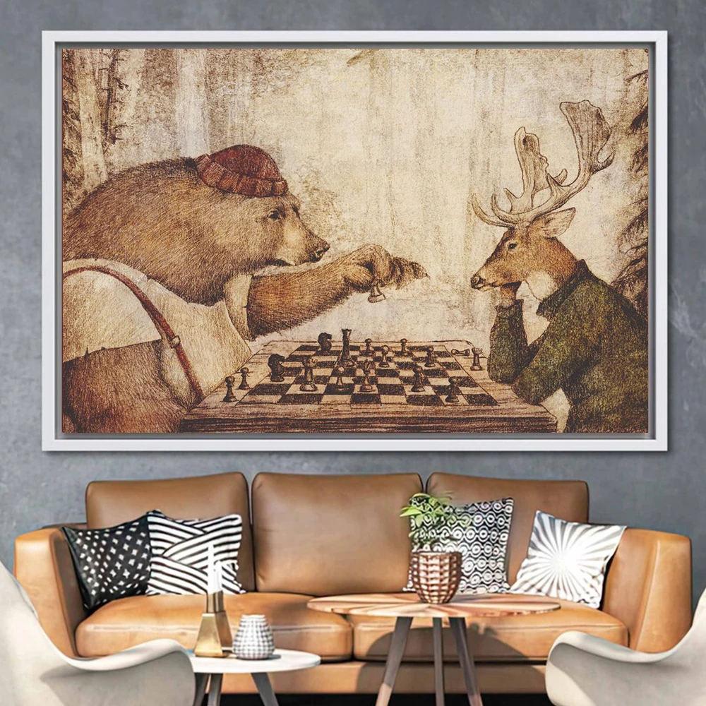 

Wild Animal Play Chess Vintage Poster Prints For Living Room Home Decor Funny Bear VS Elk Canvas Painting Wall Art Cuadros