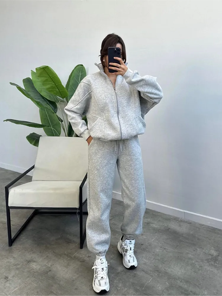 Women Fleece Suit Loose Long Sleeve Sweatshirt And High Waist Trousers 2 Pieces Set Female Autumn Winter Fashion Warm Tracksuit