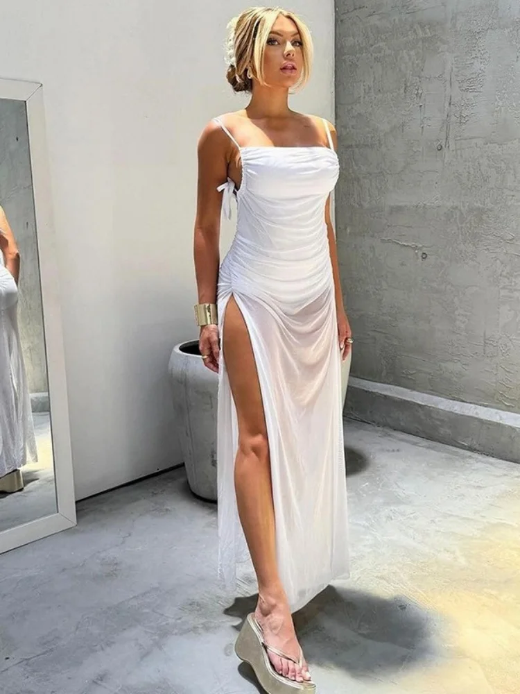 

Bodycon White Dress For Women Summer Clothing Spaghetti Strap Y2k Accessories Backless Vestidos De Fiesta Long Dresses Side Slit