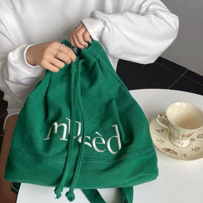 Korean Embroidered Lettes Drawstring Backpack Casual Big Capacity Schoolbag Handbag Student Leisure Travel Backpack