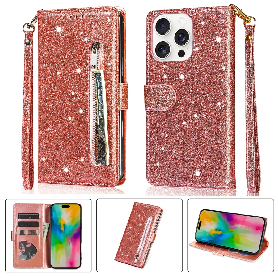 Glitter Zipper Magnetic Flip Leather Wallet Case with Card Slot and Hand Strap