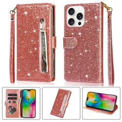 Glitter Zipper Magnetic Flip Leather Wallet Case with Card Slot and Hand Strap for iPhone Air (Rose gold)