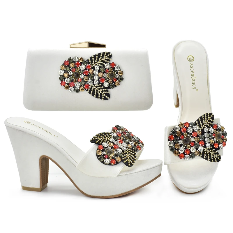 

Nigeria Shoe and Bag to Match Wedding Dress Chunky Platform Sandals Shoe with Purse Set Wholesale Mules High Heel Shoe and Purse