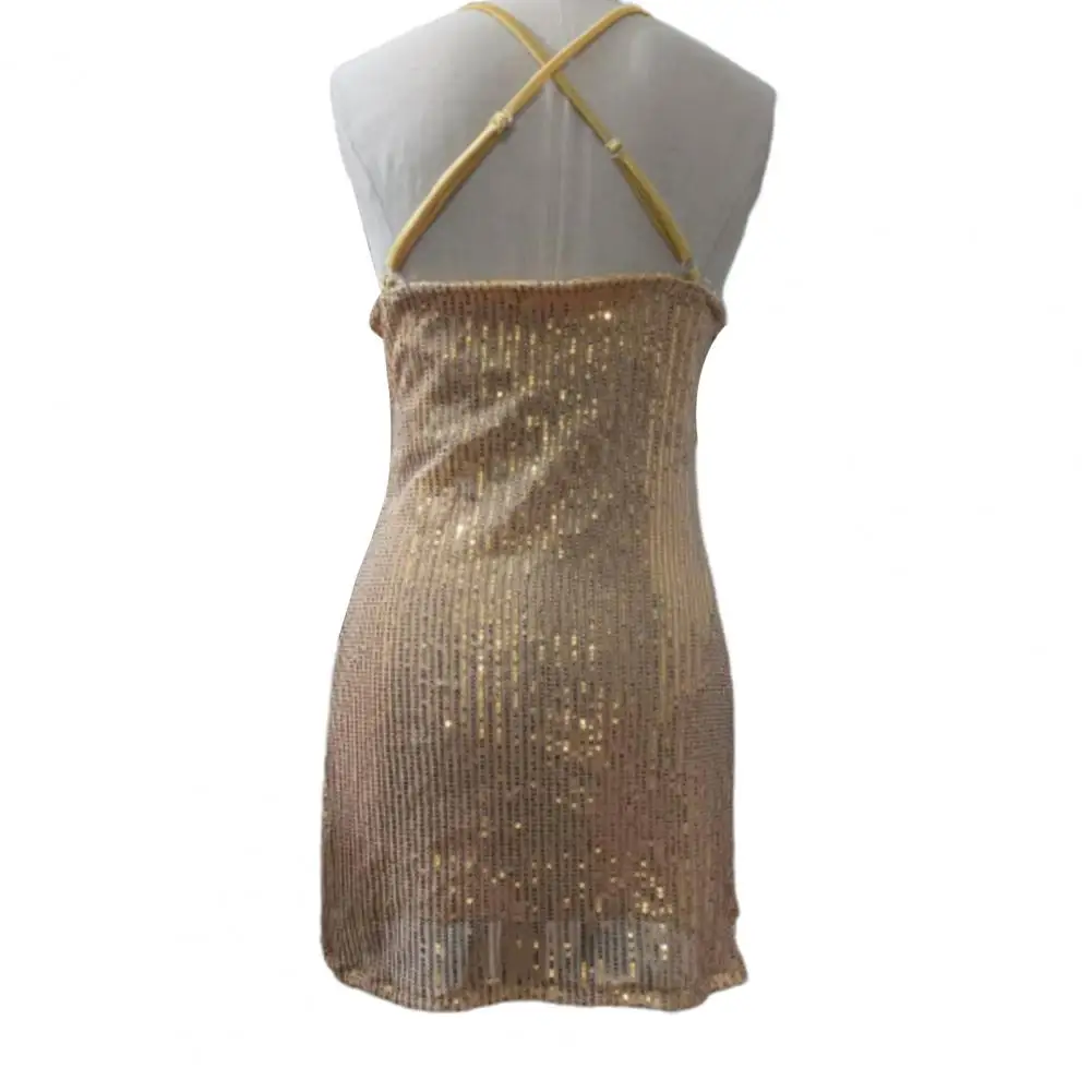 

Women Short Dress Sparkling Sequin V-neck Party Dress with Spaghetti Straps Backless Design for Women Slim Fit Above Knee Length