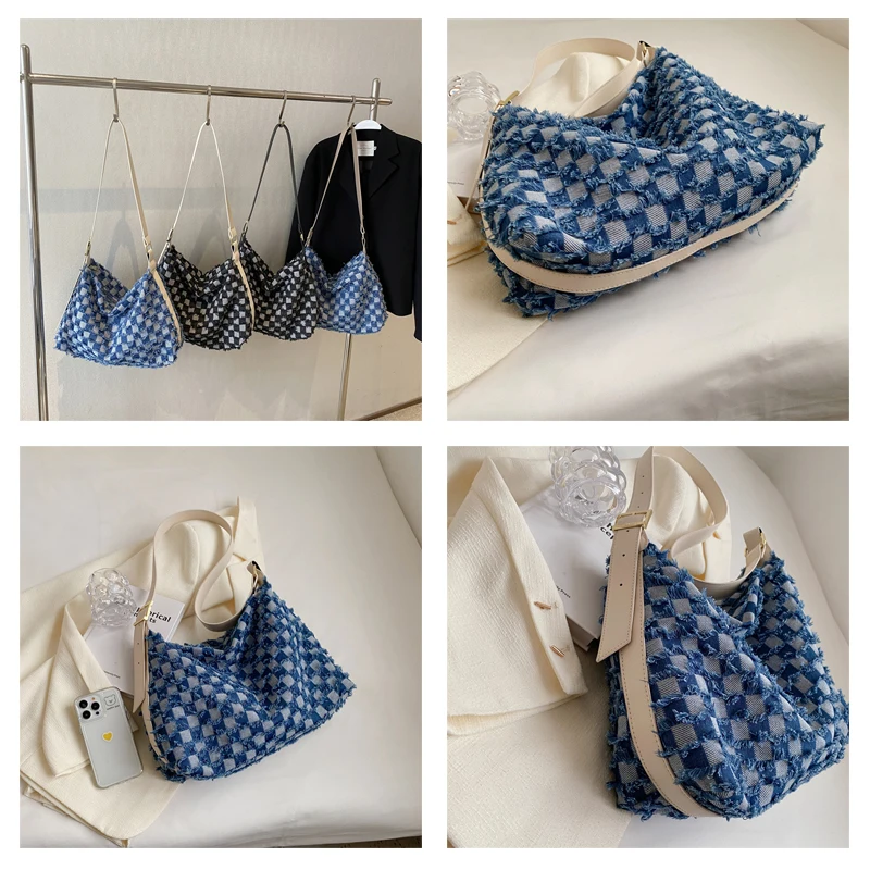 Checkered Women's Bag 2023 New Jeans Eco Bag Korean Shopping Denim Shoulder Cross Bag Large Messenger Bag Y2K PU Belt Satchel