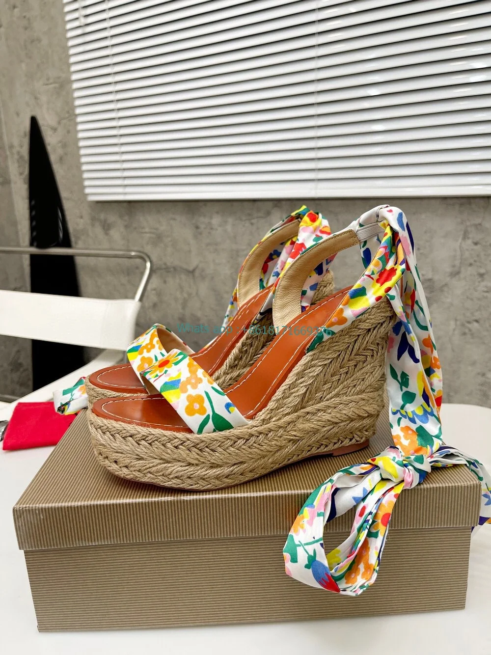 

Fashion Weave Wedges Espadrille Silk-tie Fringed Woven Sandals Platform Ankle Tie Floral Sandals Lady Luxury Slingback Shoes