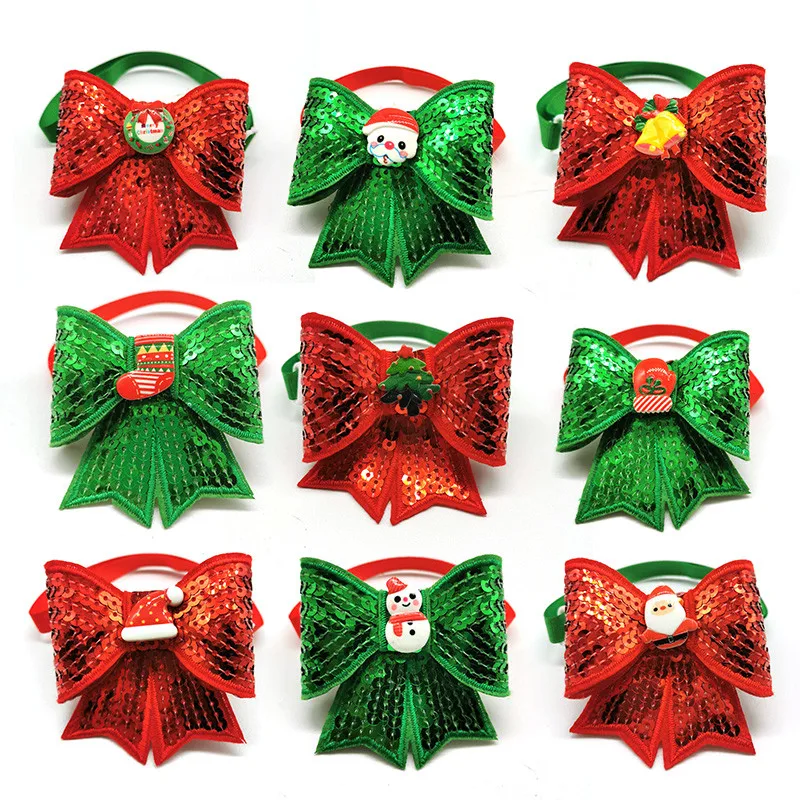 

30/50pcs Christmas Pet Dog Cat Sequins Bow Ties Santa Claus Elk Style Puppy Dog Bow Ties Christmas Holiday Pet Supplies
