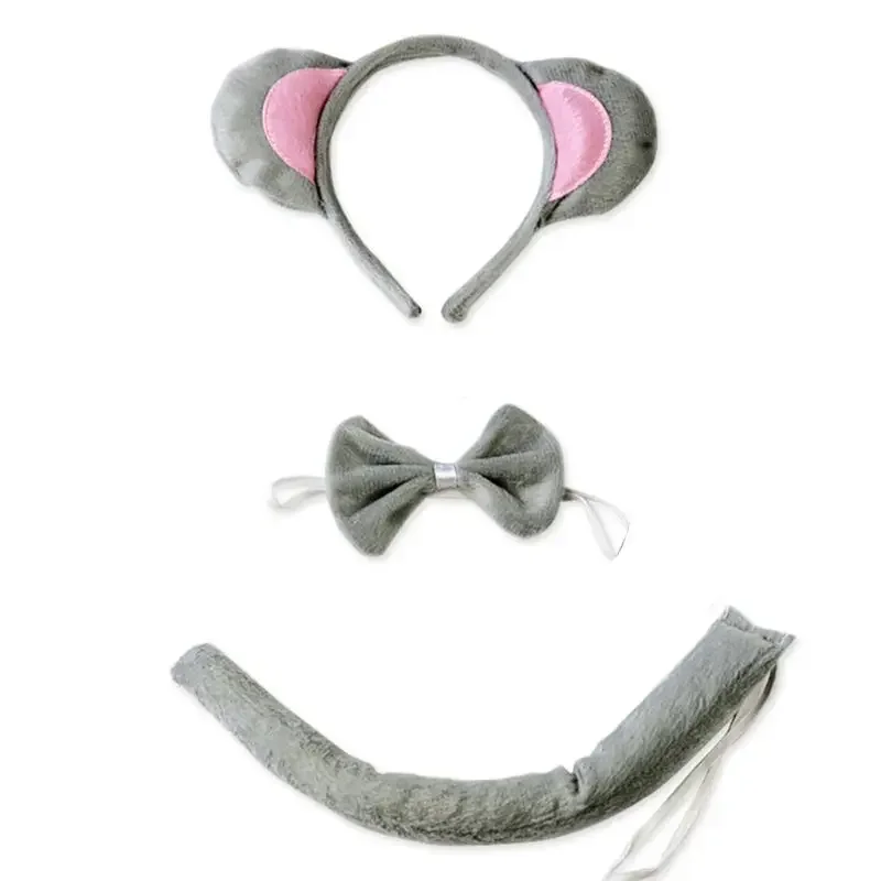 Child Adult Animal Costume Sets Mouse Ears Headband Bow Ties Long Tail Halloween Birthday Party Cosplay 3Pcs