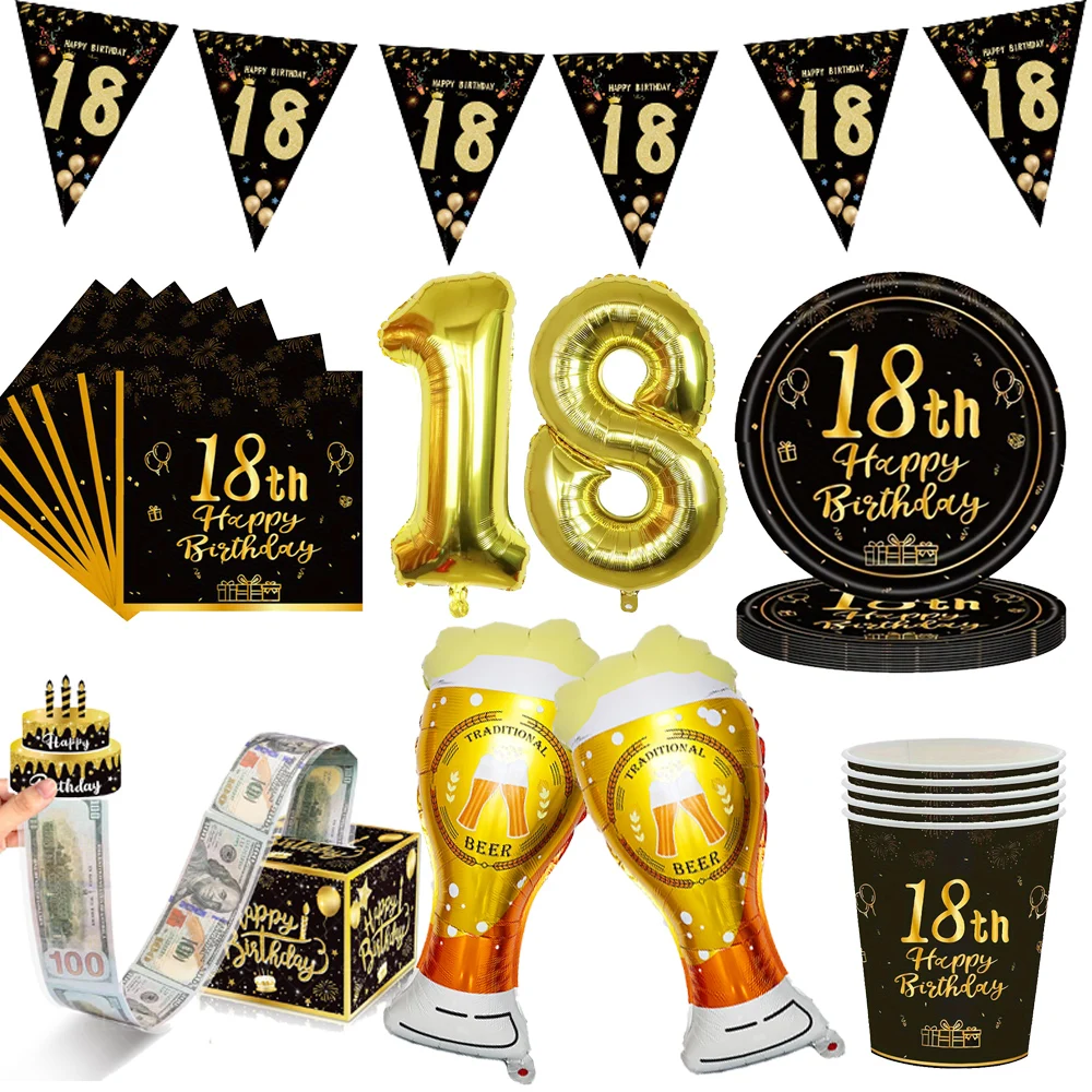 Черное золото, украшения для 18-го дня рождения, баннер на 18 лет, посуда, тарелки, салфетки, чашки, пивные чашки, воздушные шарики на 18-летие, воздушный шар Черное золото, украшения для 18-го дня рождения, баннер на 18 лет, посуда, тарелки, салфетки, чашки, пивные чашки, воздушные шарики на 18-летие, воздушный шар