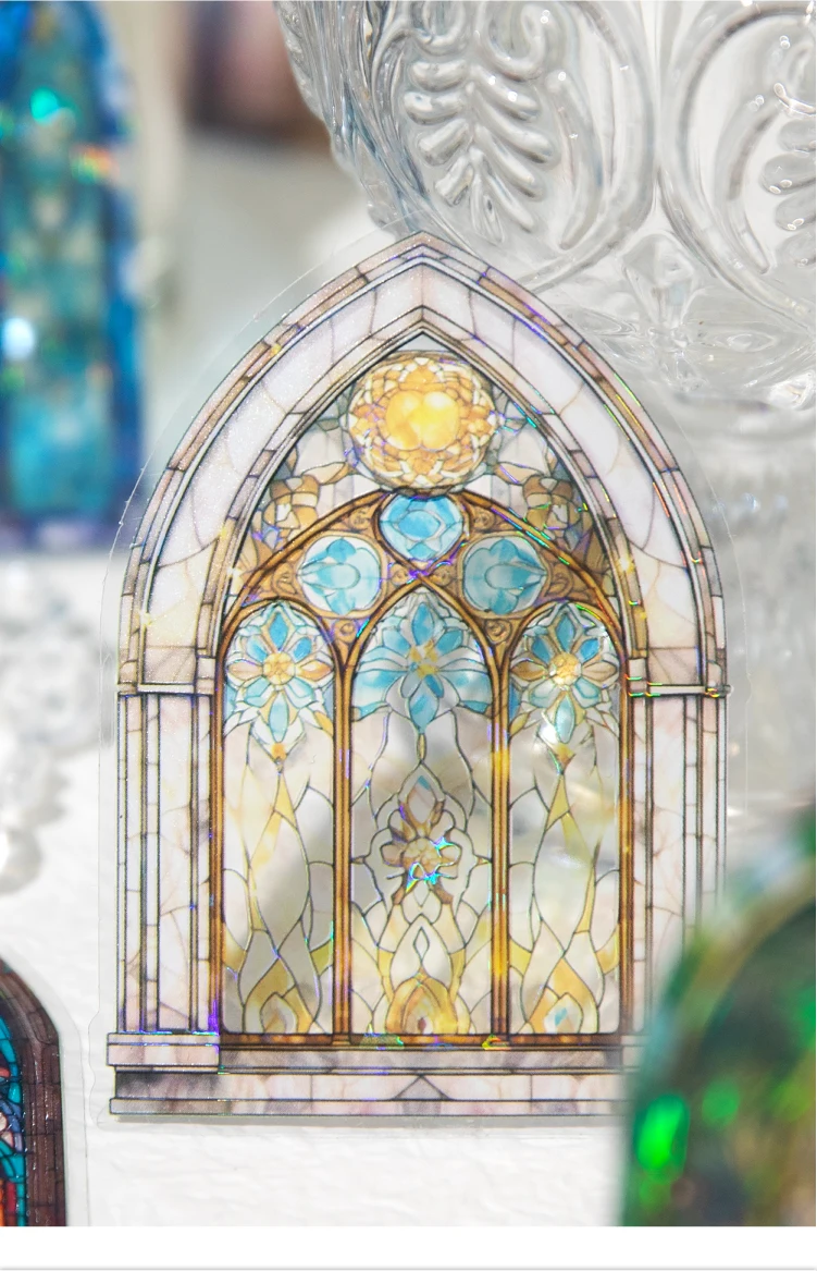6 style 20pcs Colorful Glass Flower Window Theme Hot Stamping PET Sticker DIY Handmade Materials Scrapbook Background Decoration