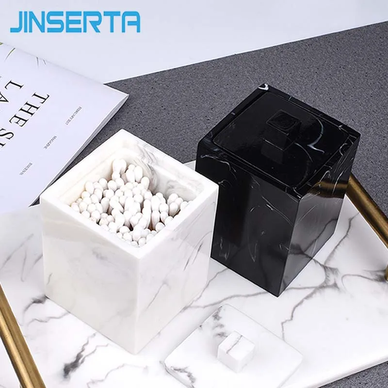 JINSERTA Marbled Resin Storage Box Cotton Swab Organizer Home Toothpick Holder Hotel Luxury Bathroom Cotton Pad Box with Lid