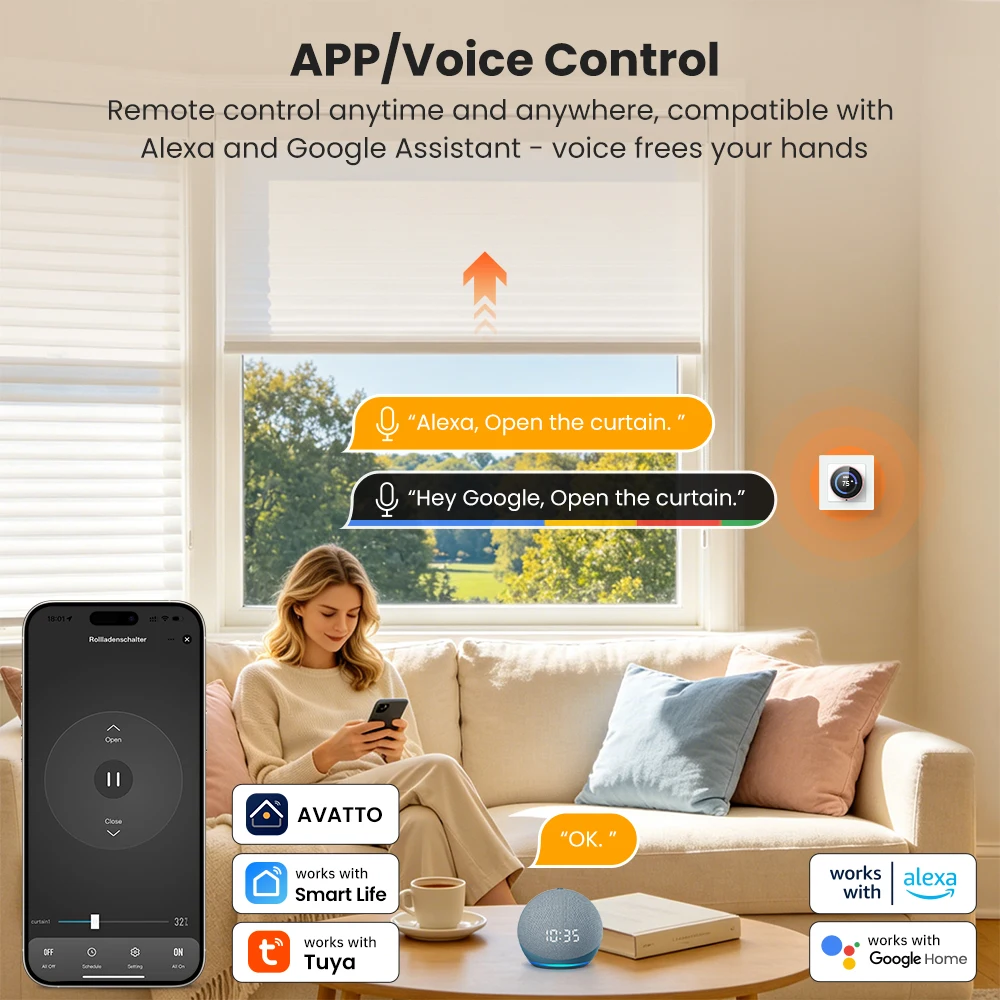 AVATTO WiFi 스마트 노브 커튼 스위치, 롤러 블라인드 셔터용, 정밀 백분율 제어, Tuya Alexa Google Home과 호환