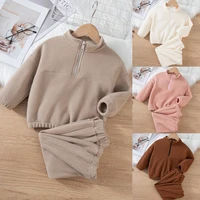 Girls Winter Casual Outfit Solid Color Fleece Thickened Hoodie Pants Clothes Set Half-Zip Children Sweater Sets