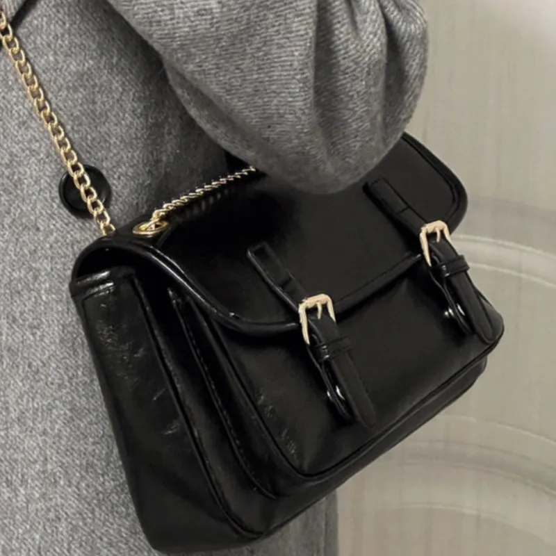 JIAERDI Retro Black Chain Messenger Bag Women Oil Wax Leather Large Capacity Shoulder Bags Ladies High end Commute Crossbody Bag