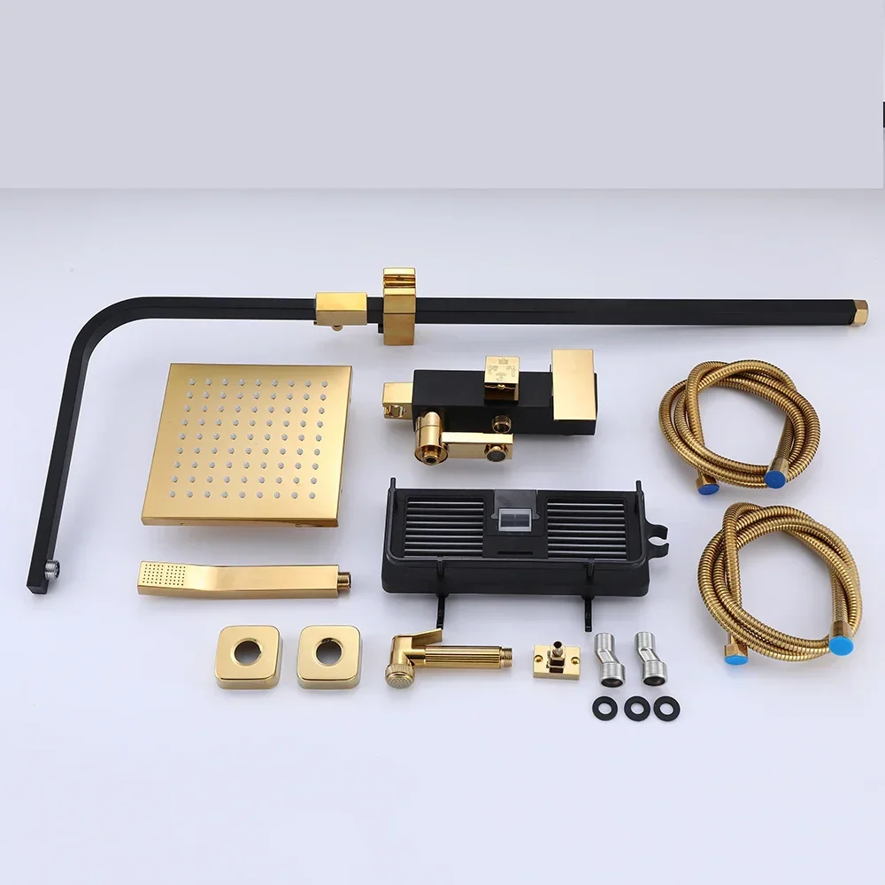 Bathroom Shower Faucet Set Black Gold Rainfall Metal 4-way with Bidet and Shelf