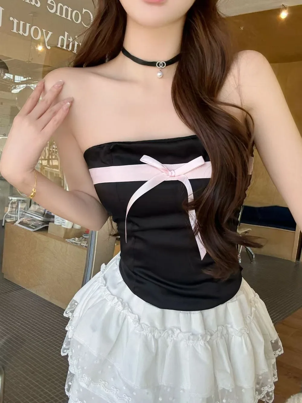 Off-shoulder Summer Bow Tube Top Satin Versatile Strapless Top Slimming Solid Color Sleeveless Bustier Top Women Casual Daily