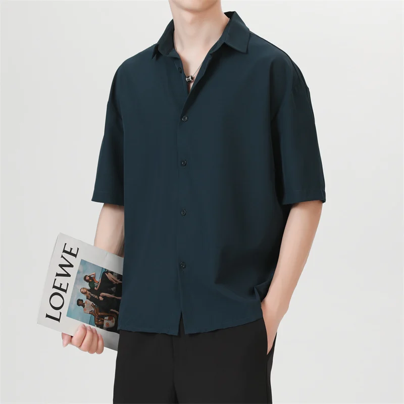 

2024 Summer Short Sleeve Shirts Korean Loose Hong Kong Style Solid Color Men's Clothing Commute Single-breasted Polo-Neck Shirts