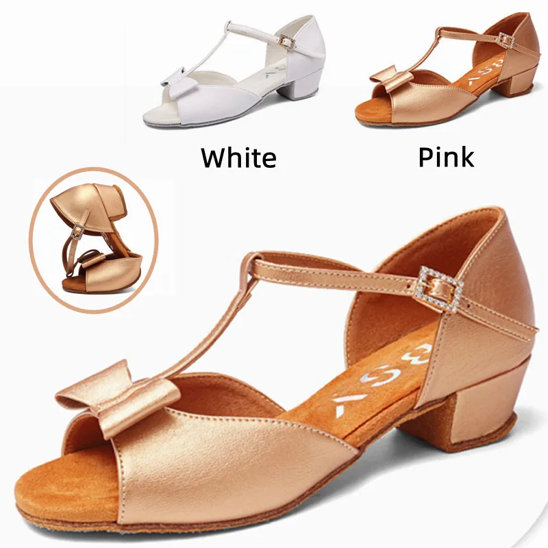 Satin Bow Girls Ballroom Tango Salsa Latin Dance Shoes Low Heel 3.5CM
