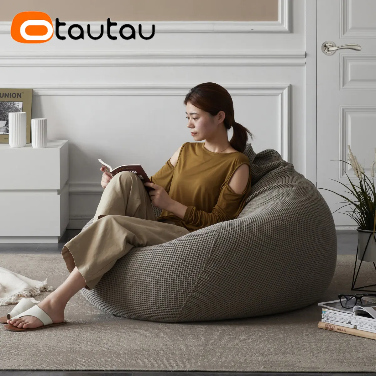 OTAUTAU Bean Bag Sofa With Filler Round Egg Nest Pouf Chair Floor