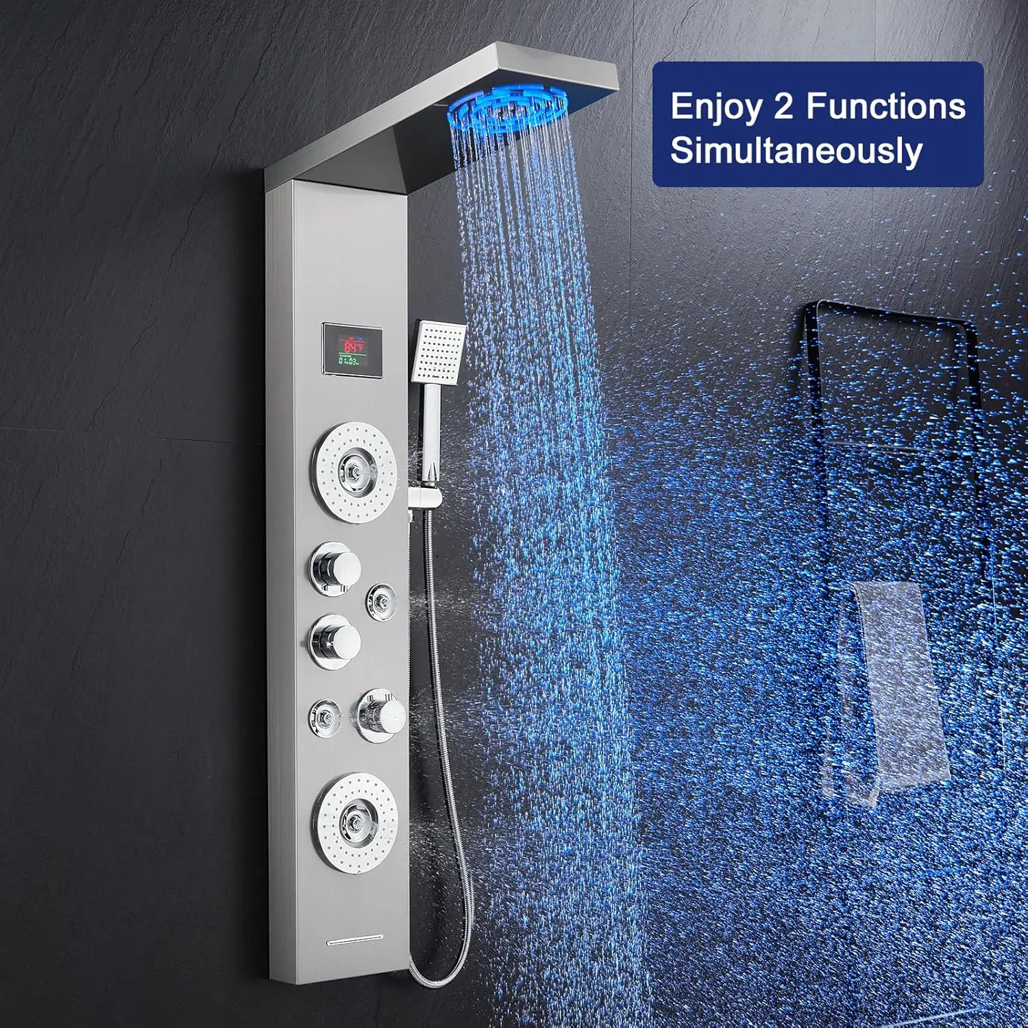 LED Shower Panel Tower System with Rainfall and Mist Shower Head 6-in-1 Shower Panels with Jets and Handheld and Digital 5